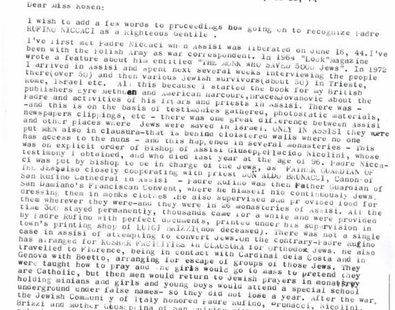 Una riproduzione fotografica della lettera di Ramati che candida fra Rufino Niccacci al riconoscimento di Giusto fra le nazioni (per gentile concessione degli archivi dello Yad Vashem, Gerusalemme).