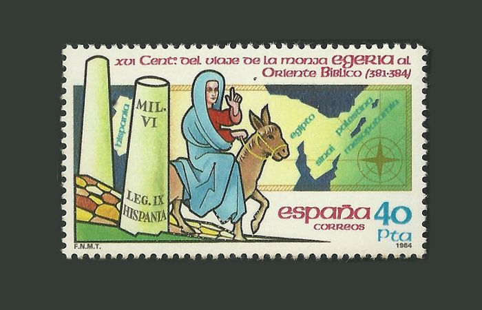 Egeria, pellegrina in Terra Santa dal 381 al 384, raffigurata su un francobollo delle Poste spagnole emesso nel 1984.